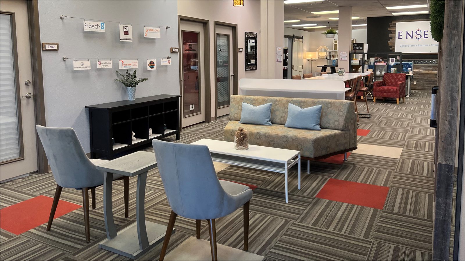 Lounge seating in the open coworking area at Ensemble Fort Worth