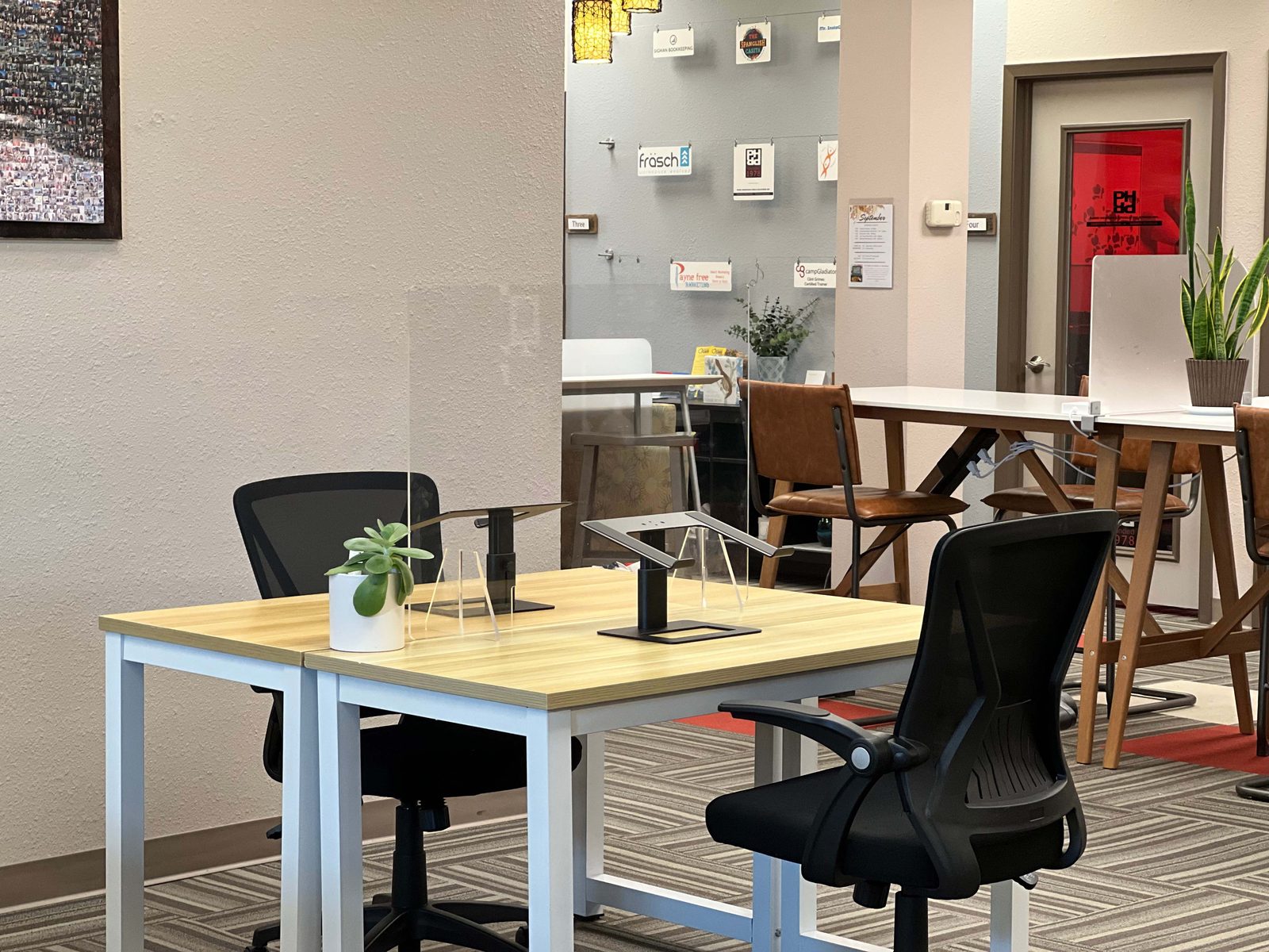 Sit-stand desks in the open area of Ensemble Coworking